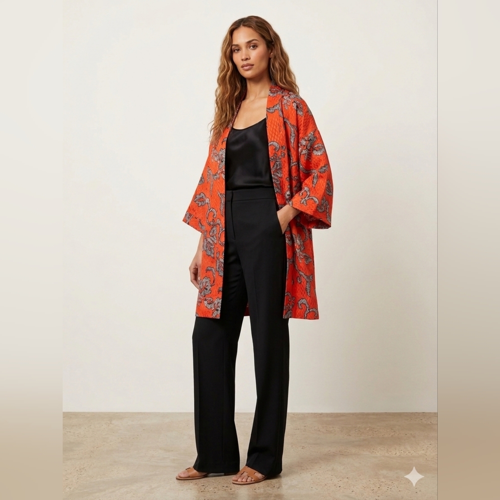 Chico's Orange Coral Print Kimono With Pockets